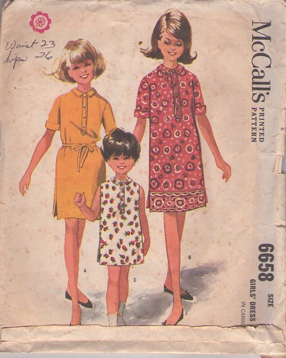 McCall's 6658 Vintage 60's Sewing Pattern Girls' Mod Dresses, Bandana Scarf Novelty Print Button Band Shirtdress Dress Set Size 7