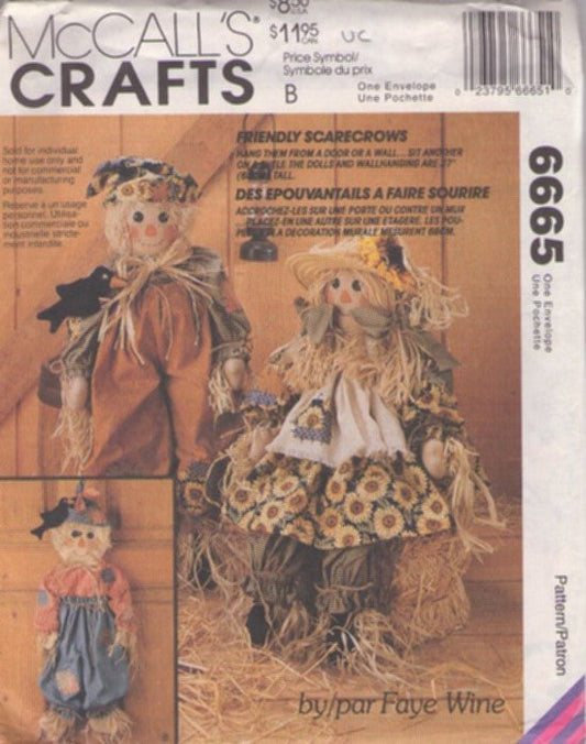 McCall's 6665 Vintage 90's Sewing Pattern Country Crafts, Folk Art Friendly Scarecrows Boy & Girl Dolls, Wall Hanging, Black Birds, Clothing by Faye Wine