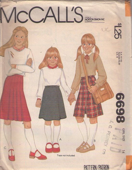 McCall's 6698 Vintage 70's Sewing Pattern Teen Girls' Skirts, Pleated Kilt Style or Wrap Around School Days Skirt Set Size 14