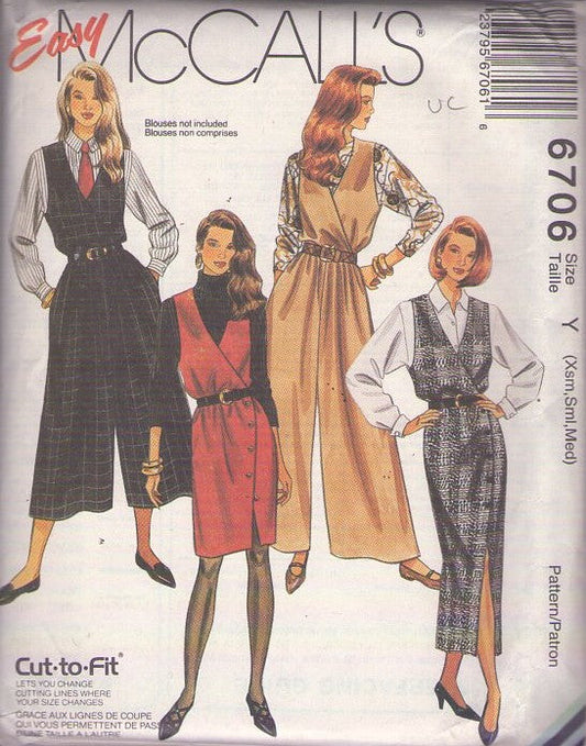 McCall's 6706 Vintage 90's Sewing Pattern Easy Jumpsuits, Jumper Dresses, Faux Wrap Surplice V Neck Jumper, Buttoned Asymmetric Skirt Dress, Culottes or Palazzo Flared Leg Jumpsuit & Top Size XS-M