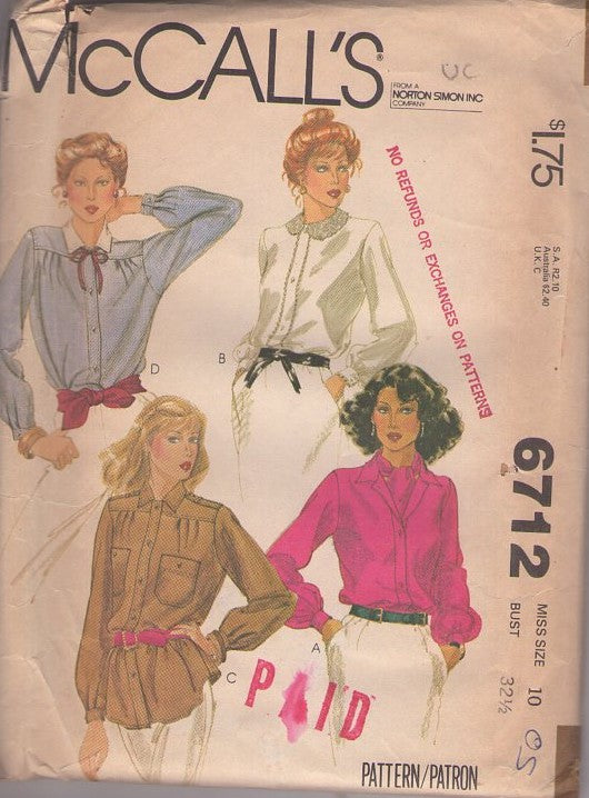 McCall's 6712 Vintage 70's Sewing Pattern Secretary Blouses, Casual or Dressy, Shirt Set 4 Styles Size 10