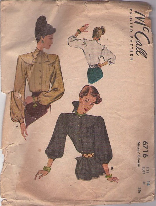 McCall's 6716 Vintage 40's Sewing Pattern Starlet Blouse Set, Balloon Bishop Sleeve Button Front Blouse Set 2 Styles Size 14