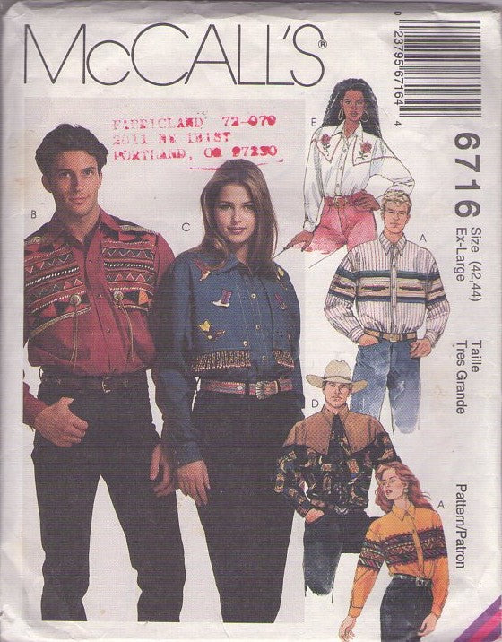 McCall's 6716 Vintage 90's Sewing Pattern Western Shirts, Mens' and Women's Southwestern, Rodeo, Cowboy Shirts, Wearable Art Size XL