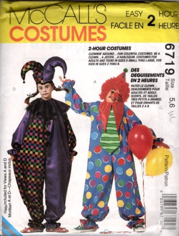 McCall's 6719 Vintage 90's Sewing Pattern Easy 2 Hour Clown Costumes, Harlequin Jester, Circus Jumpsuit, Hats, Ties, Ruffs Size CHILD 5-6