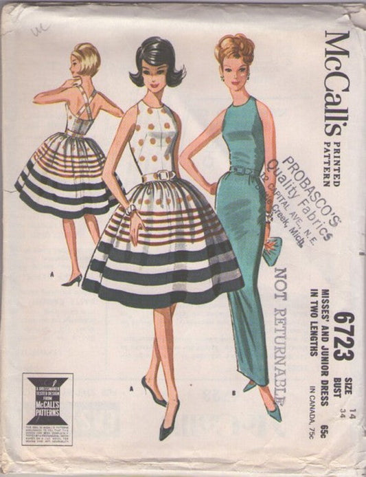 McCall's 6723 Vintage 60's Sewing Pattern Rockabilly Party Dress, Sheath Evening Gown, Summer Flared Halter,  2 Styles Size 14