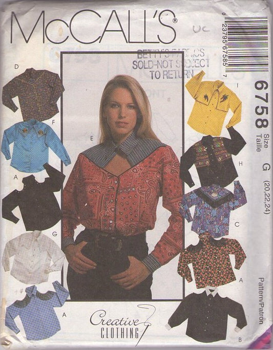 McCall's 6758 Vintage 90's Sewing Pattern Creative Clothing Shirts, Wearable Art, Western Yoked Shirts, Rodeo, Country Size 6-10