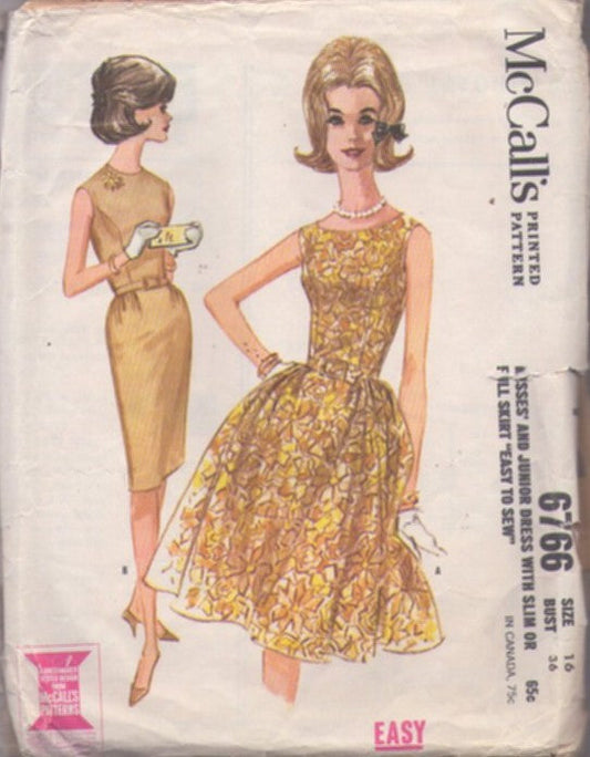 McCall's 6766 Vintage 60's Sewing Pattern Rockabilly Party Dresses, Mad Men Slim Sheath or Flared Skirt Summer Cocktail Party Dress Size 16