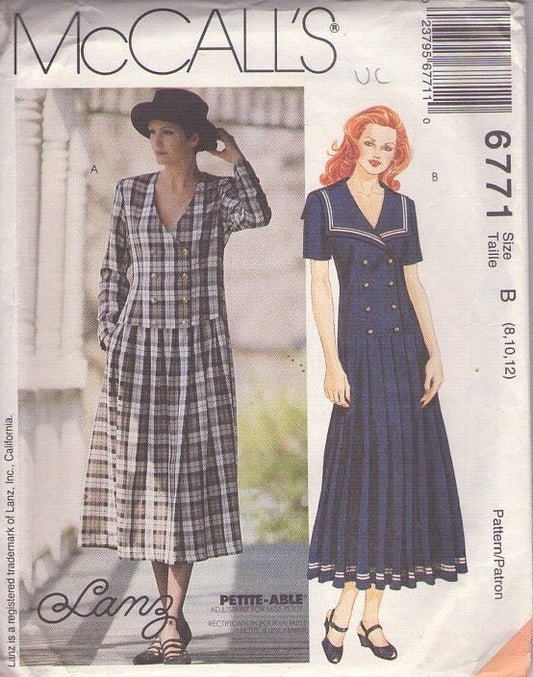 McCall's 6771 Vintage 90's Sewing Pattern Lanz Design Dress, Double Breasted Cottagecore Drop Waist Sailor Collar Secretary Dress, Flared or Full Pleated Skirt 2 Styles Size 8-12