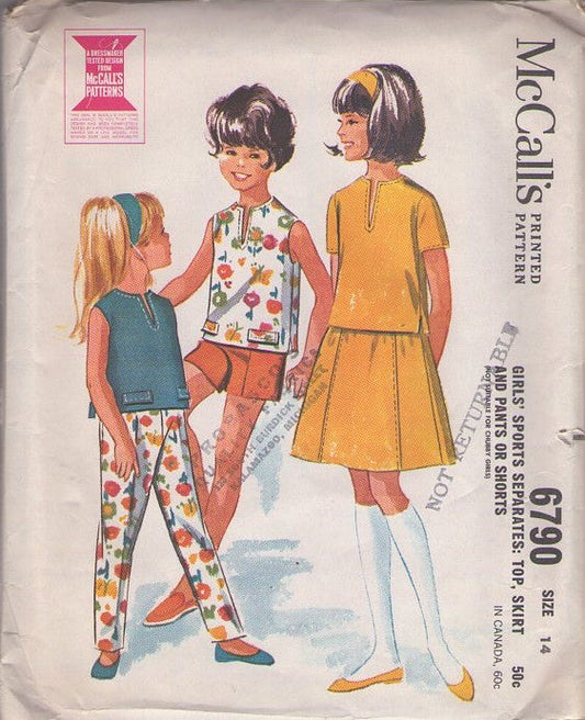 McCall's 6790 Vintage 60's Sewing Pattern Girls' Separates, Slit Neck Summer Top, Back Button Blouse, Shorts, Skirt, Pants Size 14