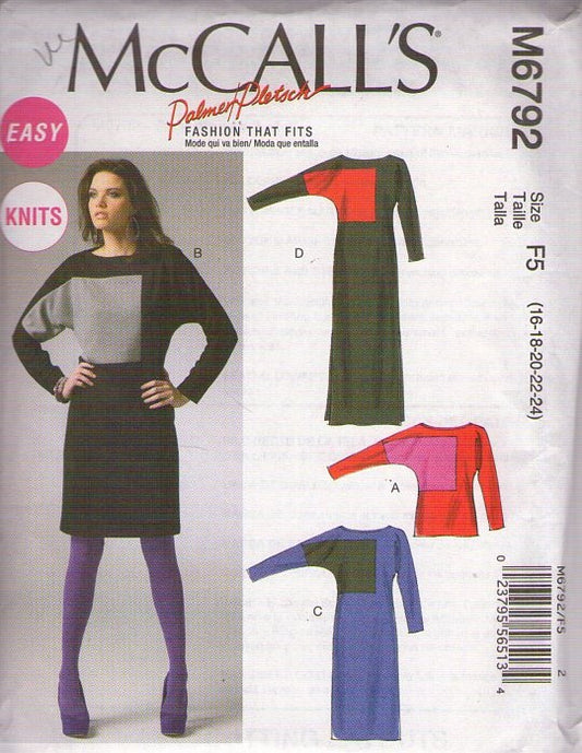 McCall's 6792 Retro 2013 Sewing Pattern Color Block Dress, Shirt, Easy, Knits, Mod Looks, 4 Styles Size 16-24
