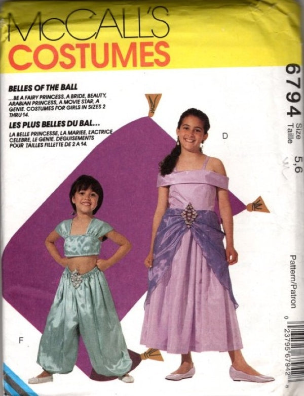 McCall's 6794 Vintage 90's Sewing Pattern Girls' Genie Princess Costume Set, Belles of the Ball, Jasmine Gypsy Styles Size 5-6
