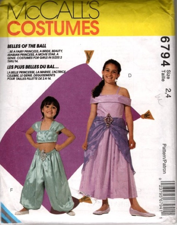 McCall's 6794 Vintage 90's Sewing Pattern Girls' Genie Princess Costume Set, Belles of the Ball, Jasmine Gypsy Styles Size 2-4