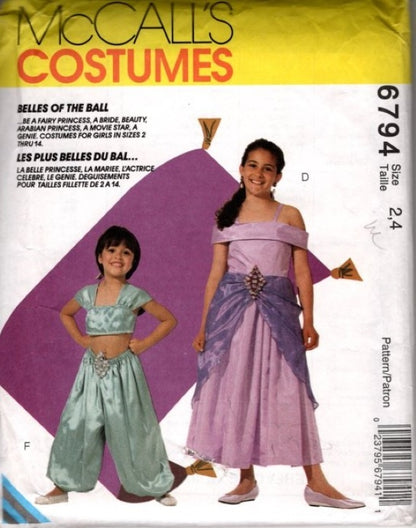 McCall's 6794 Vintage 90's Sewing Pattern Girls' Genie Princess Costume Set, Belles of the Ball, Jasmine Gypsy Styles Size 2-4