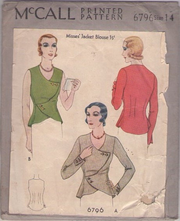 McCall's 6796 Vintage 30's Sewing Pattern Art Deco Jacket Blouse, Asymmetric Wrap & Button Front Top in 2 Styles Size 14