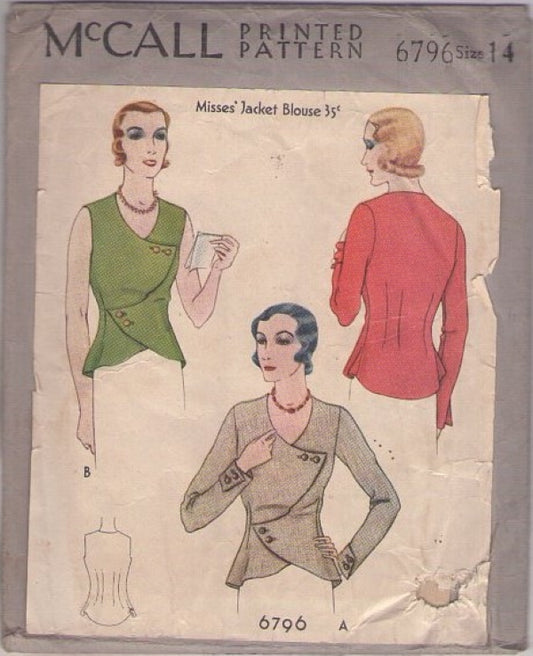 McCall's 6796 Vintage 30's Sewing Pattern Art Deco Jacket Blouse, Asymmetric Wrap & Button Front Top in 2 Styles Size 14