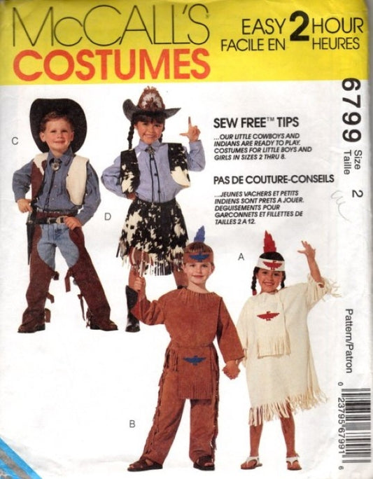 McCall's 6799 Vintage 90's Sewing Pattern Kids' Brother & Sister Costumes, Cowboy, Native American, Toy Story Woody & Jessie Toddler Size 2