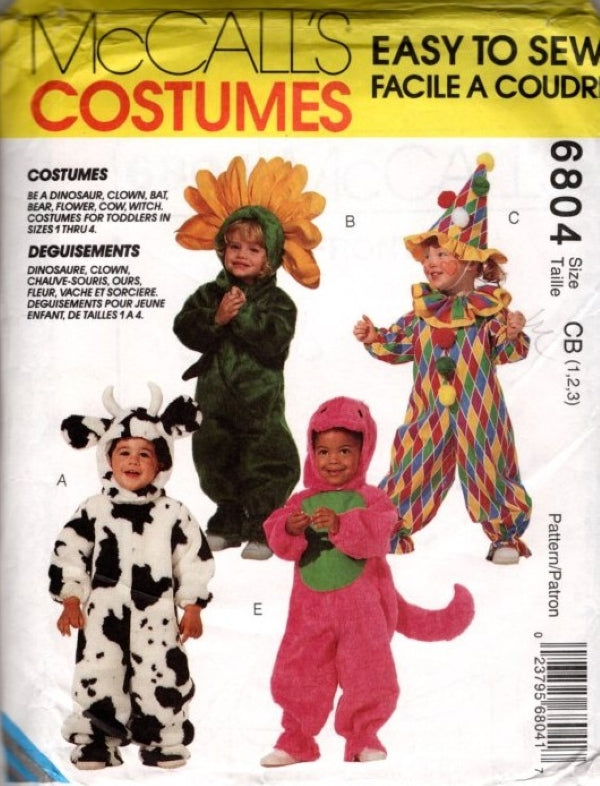 McCall's 6804 Vintage 90's Sewing Pattern Easy to Sew Child's Cow, Barney Dinosaur, Flower, Bat, Bear, Witch Halloween Costumes Size 1-3