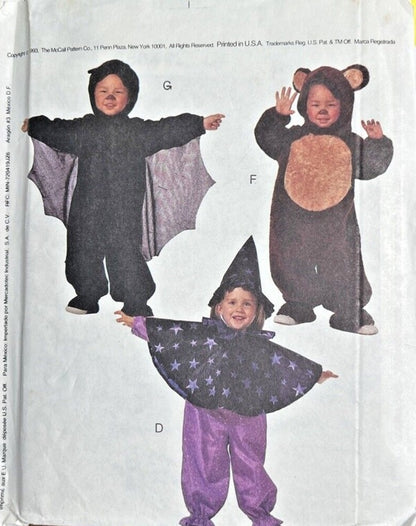 McCall's 6804 Vintage 90's Sewing Pattern Easy to Sew Child's Cow, Barney Dinosaur, Flower, Bat, Bear, Witch Halloween Costumes Size 1-3