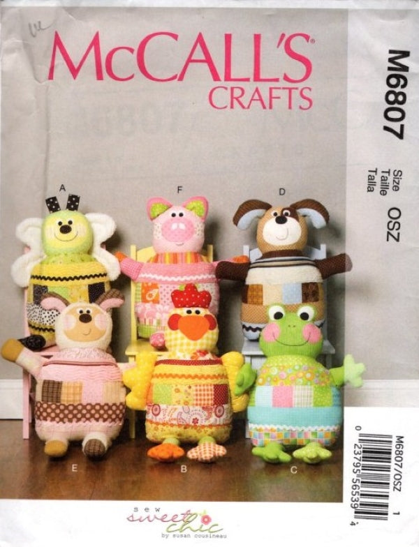 McCall's 6807 Retro 2013 Sewing Pattern Baby Soft Toy Animal Dolls, Sew Sweet Chic by Susan Cousineau Designs, Pillow Buddies OZ