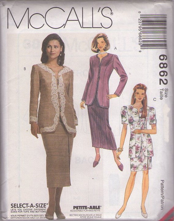McCall's 6862 Retro 90's Sewing Pattern Suit Separates, Jacket, Skirt, Long Over the Hips Jacket Top, Sheath Mini or Mini Skirt or Crystal Pleats Size 6-10