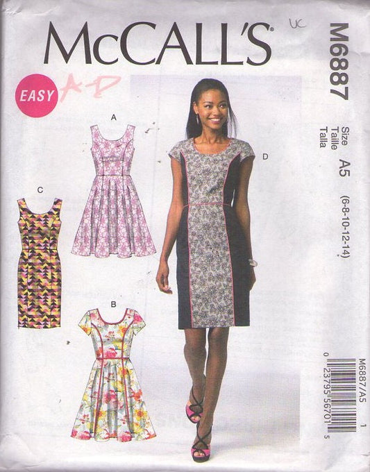 McCall's 6887 Retro 2014 Sewing Pattern Easy to Sew Dress Set, Rockabilly Style Princess Seams Sheath or Full Skirt Scoop Neck Dress 4 Styles Size 6-14