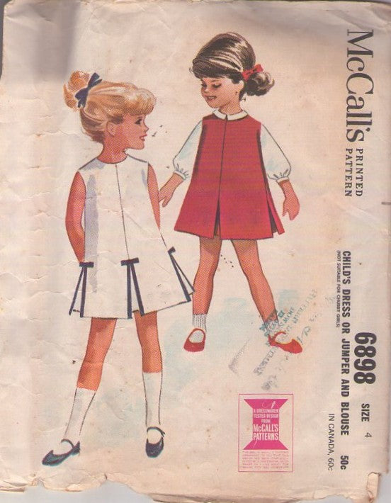 McCall's 6898 Vintage 60's Sewing Pattern Girls' Separates, Mod Hem Pleats Jumper, School Dress & Blouse Size 4