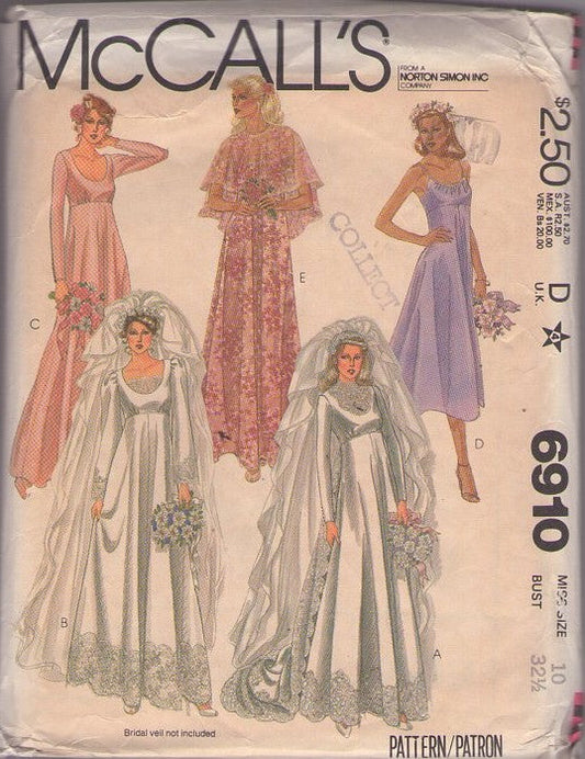 McCall's 6910 Vintage 70's Sewing Pattern Bridal Gowns, High Waisted, Lace Trim, Royal Wedding Dress, Disco Sun Dress, Evening Lace or Chiffon Cape Capelet, Train Size 10