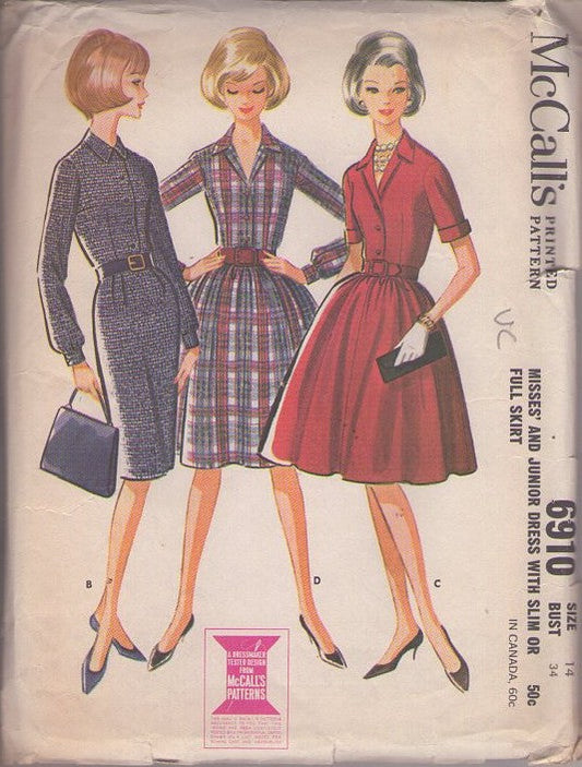 McCall's 6910 Vintage 60's Sewing Pattern Day Dress Set, Retro Housewife Slim Sheath or Flared Skirt Shirtwaist Shirt Dress Size 14 UNCUT
