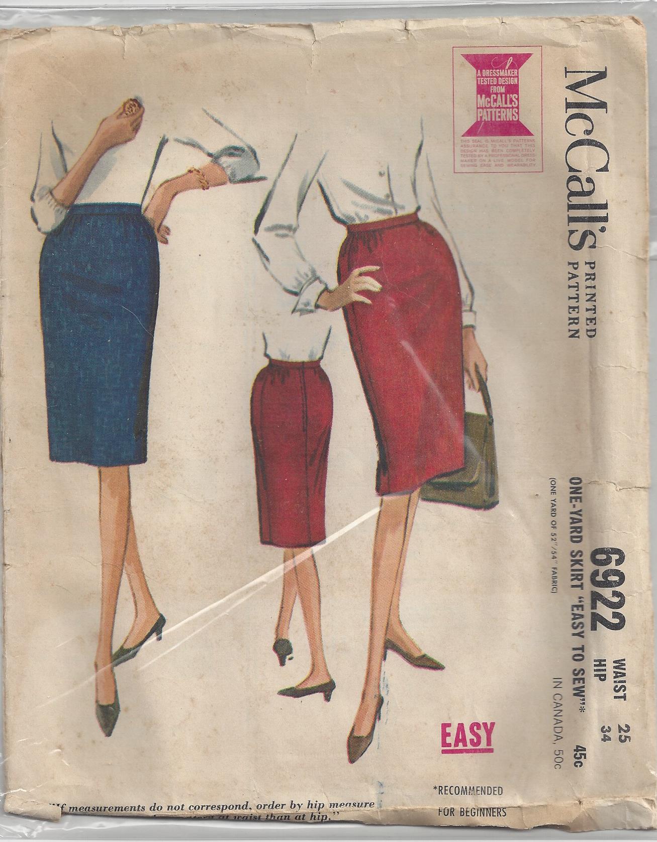 McCall's 6922 Vintage 60's Sewing Pattern Slim Skirts, Easy to Sew One Yard Secretary Skirt Mad Men QUICK Waist 25