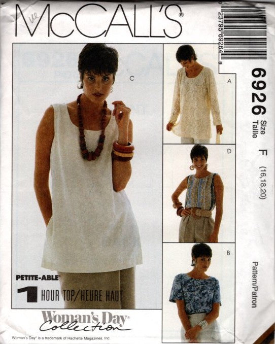 McCall's 6926 Vintage 90's Sewing Pattern Easy 1 Hour Top, Blouse Set, 4 Styles, Women's Day Collection Size 16-20