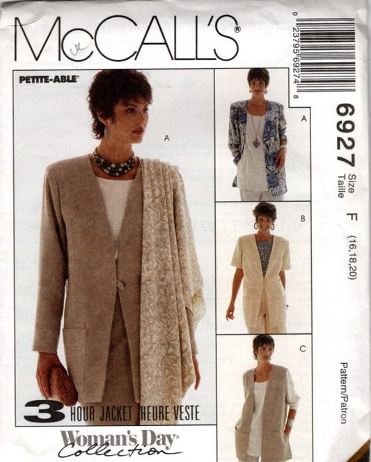 McCall's 6927 Vintage 90's Sewing Pattern Easy 3 Hour Blazer Suit Jacket, Long Vest, Woman's Day Collection, Size 16-20
