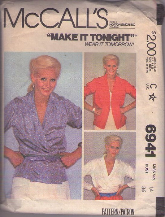McCall's 6941 Vintage 80's Sewing Pattern Blouse & Belt, Make It Tonight Wear It Tomorrow Shiny Front Wrap Around Secretary Blouse, Shirt & Tie Belt Size 14