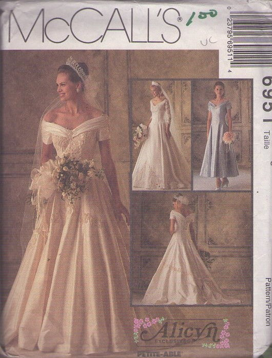 McCall's 6951 Vintage 90's Sewing Pattern Bridal Gowns, Alicyn Exclusive, Draped Decolletage Off The Shoulder Princess Seams Back Loop & Buttons Royal Wedding Gown, Bridal Formal Dress Size 6