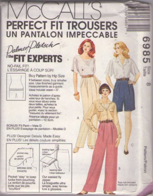 McCall's 6985 Vintage 90's Sewing Pattern Palmer Pletsch Career Pleated Pants, Long Walking Shorts, No Fail Fit Size 8