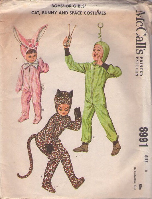 McCall's 6991 Vintage 60's Sewing Pattern Animal Costumes, Old School Classic Alien Space Man, Martian, Kitty Cat, Cat Woman, Bunny Rabbit Ralphie Christmas Story Jumpsuits & Head Piece Size 4