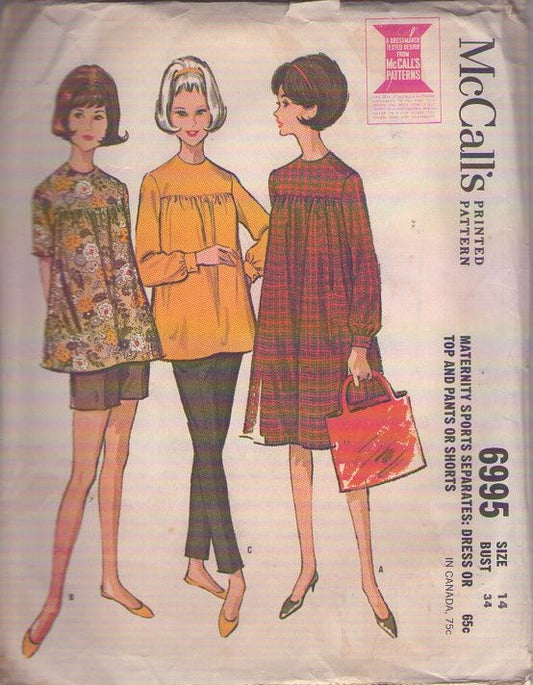 McCall's 6995 Vintage 60's Sewing Pattern Mod Separates, Mother to Be Flared Smock Top Blouse, Tent Dress, Shorts, Peg Leg Pants Size 14