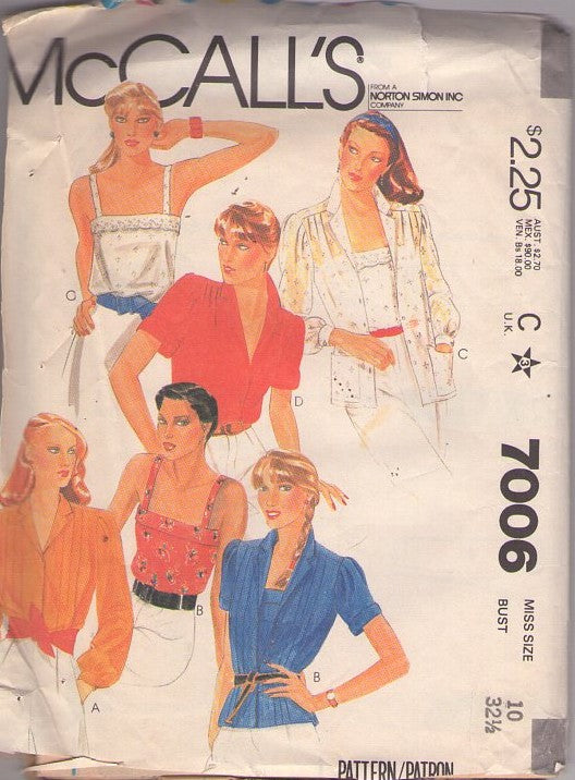 McCall's 7006 Vintage 80's Sewing Pattern Cami Tops Set, Eyelet or Novelty Print, Camisole Sun Top, Pleated Shirt Jacket Blouse Size 10