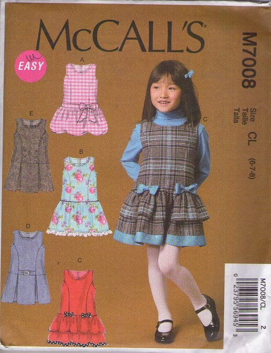 McCall's 7008 Retro 2014 Sewing Pattern Girls' Dress, Easy to Sew, Summer Party Dress, Drop Waist School Jumper Set Size 6-8