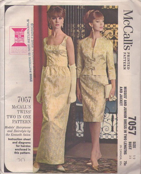 McCall's 7057 Vintage 60's Sewing Pattern Formal Gowns, Event Rockabilly Bombshell Torch Singer Scoop Neck Short or Long Cocktail Party Dress, Jacket, HAIRSTYLE Size 12