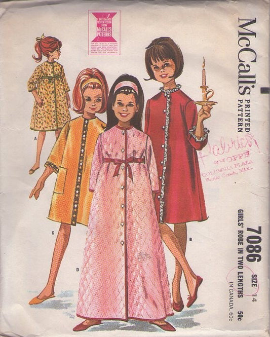 McCall's 7086 Vintage 60's Sewing Pattern Teen Girls' Robes, High Waisted or Flared Front Buttoned House Coat, Robe, Lounge Gown 4 Styles Size 14