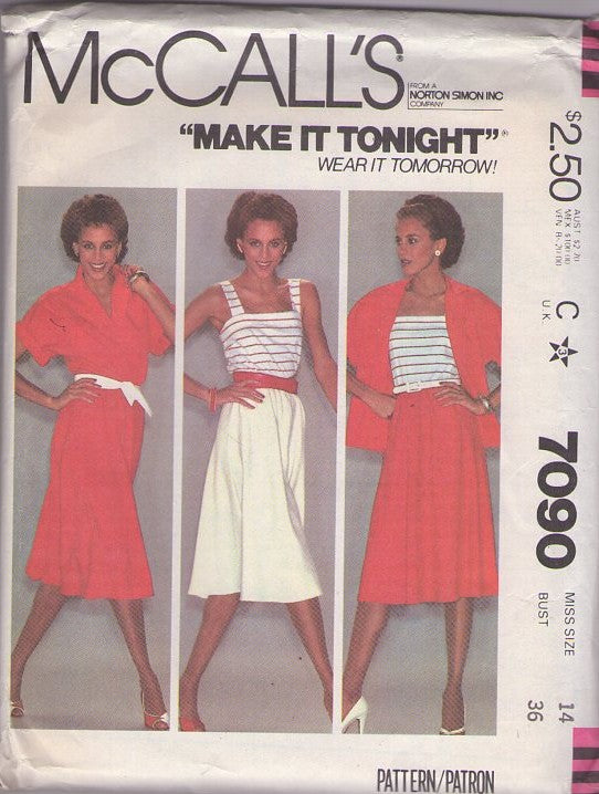 McCall's 7090 Vintage 80's Sewing Pattern Party Top, Cami, Skirt, Disco Era Look, Make it Tonight Camisole Tank Top, Shirt Jacket, Flared Skirt, 2 Piece Dress Size 14