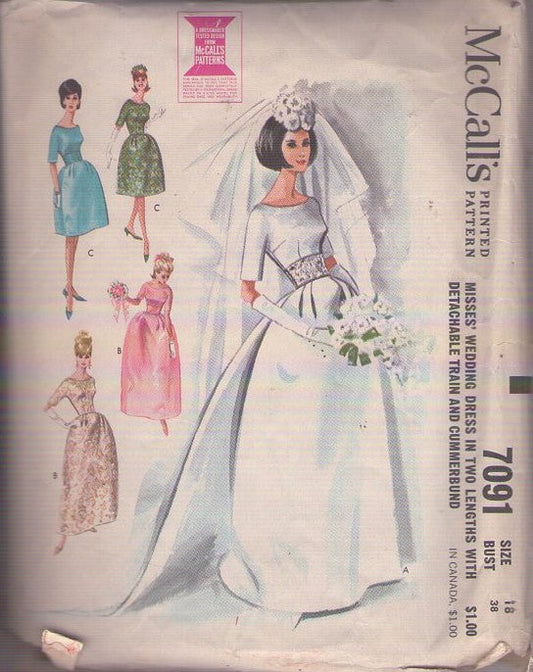 McCall's 7091 Vintage 60's Sewing Pattern Mod Wedding Dress, Formal Gown Set, Royal Wedding, Evening, Cocktail Party Dress, Bell Shaped Skirt, Detachable Train, Cummerbund Size 18