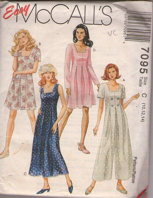 McCall's 7095 Vintage 90's Sewing Pattern Easy Pleated Dress, Cottagecore Jumpsuit, 4 Styles Size 10-14