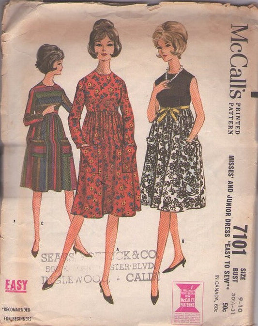 McCall's 7101 Vintage 60's Sewing Pattern Mod Dresses, Modest High Waisted Flared Skirt Casual Day or Evening Party Dress 3 Styles Size 9-10