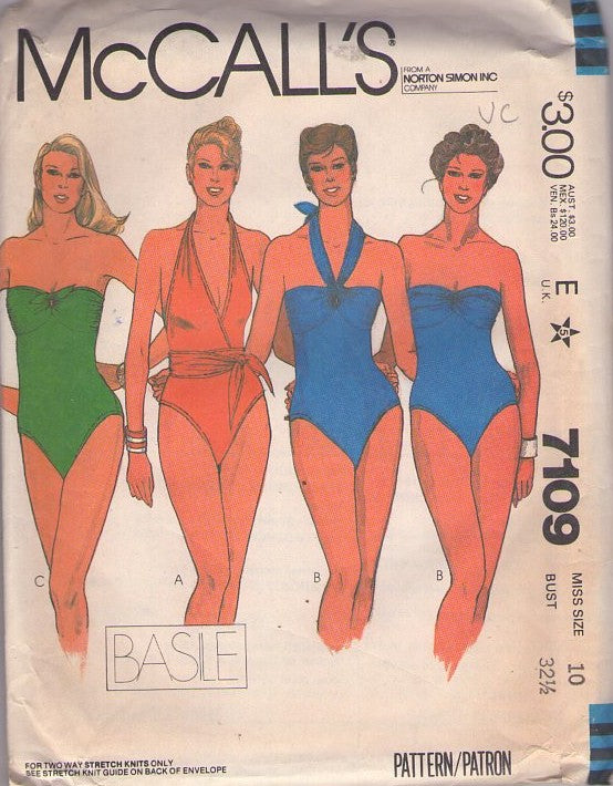 McCall's 7109 Vintage 80's Sewing Pattern Swimsuits, Designer Basile, One Piece Swimsuit, Strapless, Halter Tie, Peekaboo Keyhole and PLUNGING Halter Top 4 Styles Size 10