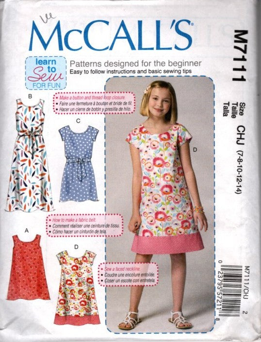 McCall's 7111 Retro 2015 Sewing Pattern Girls' Easy Learn to Sew Dress, Shift, Asymmetric, Modest, Blouson 4 Styles Size 7-14
