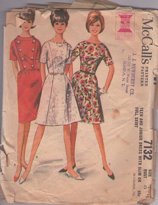 McCall's 7132 Vintage 60's Sewing Pattern Secretary Dress, Slim or Full Panel Skirt, 2 Styles Day or Night Size 12T