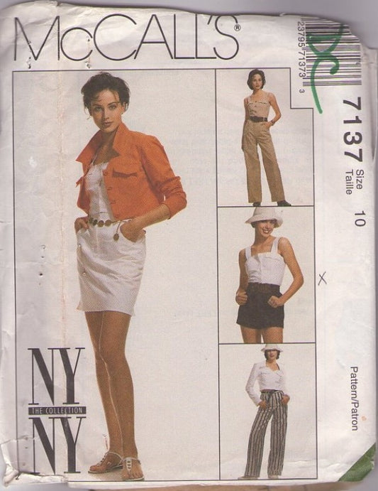 McCall's 7137 Vintage 90's Sewing Pattern NY The Collection Summer Separates, Tank Top Blouse, Cropped Jacket, High Waisted Pants, Shorts Size 10