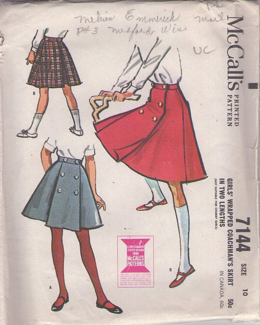 McCall's 7144 Vintage 60's Sewing Pattern Girls' Skirts, Modest Front Wrap Double Buttoned Pleated Coachman's Skirt, Above or Below Knee Size 10