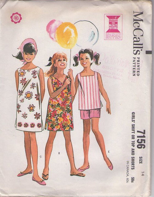 McCall's 7156 Vintage 60's Sewing Pattern Girls' Separates, Easy 3 Neckline Summer Shift Dress, Side Slits Top & Shorts Size 14